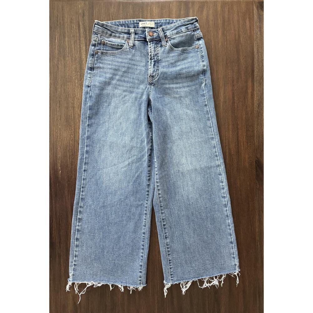 OAT Jeans Womens 4/27 Blue Mid Rise Wide Leg Crop Frayed Raw Hem Denim - Picture 9 of 9